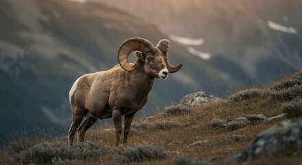 Ram Standing on a Hillside with Mountains in the Background