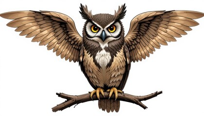 Owl Perched with Wings Outstretched on Branch Isolated
