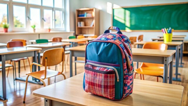 School classroom. New school bag on a student's desk in the classroom