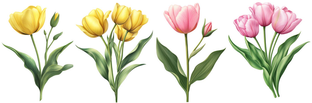 Realistic Tulip Flower &ndash; High-Resolution Botanical Illustration of Baby Pink and Yellow Tulips on White Background