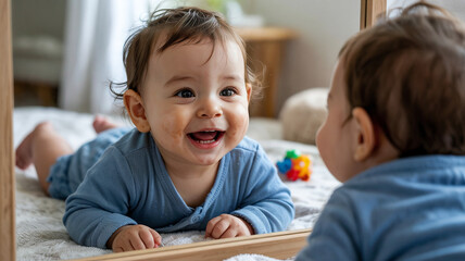 Obraz premium Baby laughs at its own reflection in mirror