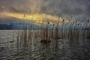 Landscape before the thunder storm with lake, reeds, rocks, mountains, clouds and light