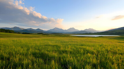 Obraz premium Wide Open Meadow At Sunset With Mountains And Lake