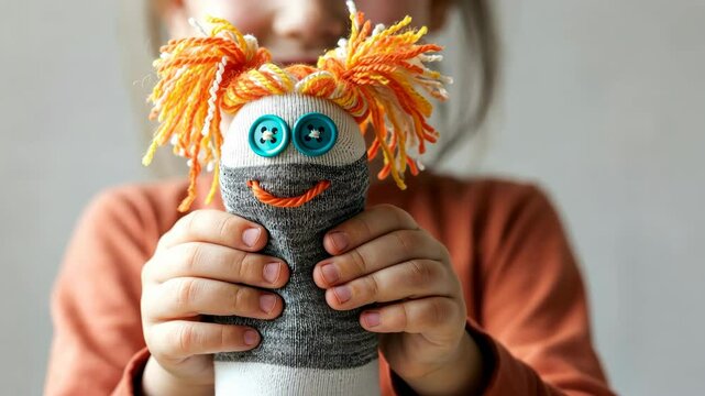 Child holding handmade sock puppet with smile