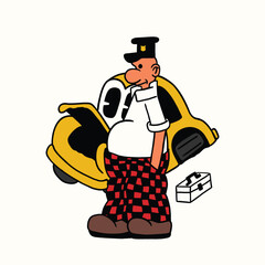 comic character man and broken car retro cartoon illustration