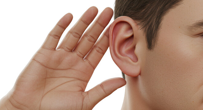 Close-up of man listening with hand to ear hearing gesture on transparent background