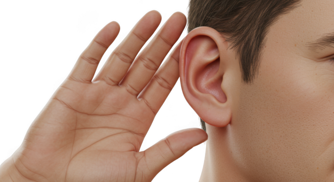 Close-up of man listening with hand to ear hearing gesture on transparent background