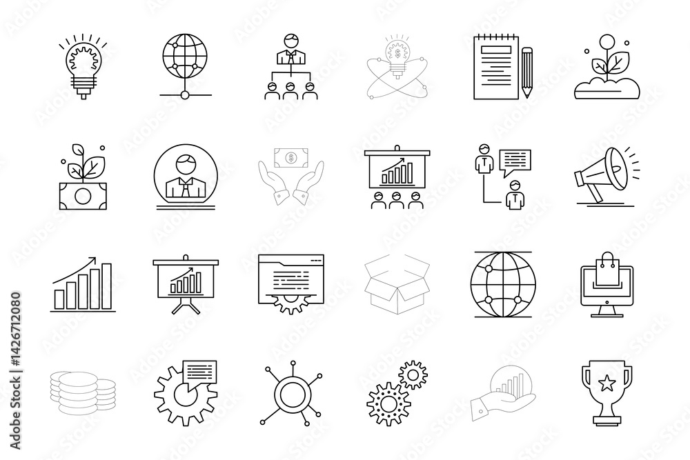 Poster business strategy set of web icons in line style. a collection of linear icon representing key busin