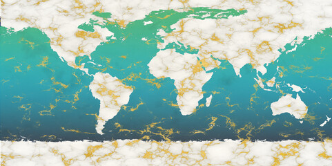 global map white marble on land and ice land and iridesent deep ocean color and  gold mineral texture