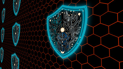 Hexagon digital security blue light wire change to red and futuristic shiield protection on the black background