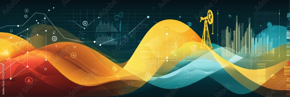 Poster flowing petroleum-themed infographic with charts and data visualization on a vibrant background