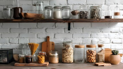 Kitchen pantry with jars of food and ingredients on wooden shelves against a brick wall backdrop