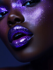 Close-up of African American Woman’s Lips with Sparkling Purple Glitter Lipstick in Studio Light

