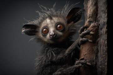 Close-up of a fluffy aye-aye clinging to a tree branch.