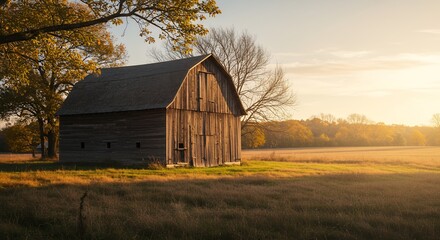 Fototapeta premium Rustic Barn in a Field at Sunset