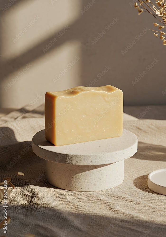 Poster Handmade Soap Bar on Display with Natural Light and Soft Texture