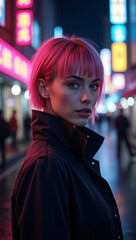 Obraz premium A young woman with pink hair in a neon-lit city street at night. She's wearing a dark jacket and has a serious expression. The background is blurred with colorful lights and people.