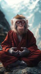 Monk Monkey Meditating in Deep Mountain Forest, Eyes Closed, Spiritual Practice in Robe

