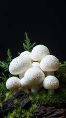 White Mushrooms on Moss in High-Contrast Macro with Black Background

