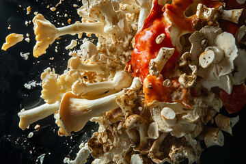 Floating assortment of fresh wild mushrooms suspended mid-air on black background.

