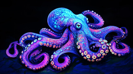 Obraz premium Bioluminescent Octopus Radiating Blue and Purple Hues in Deep Ocean Darkness
