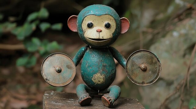 Weathered monkey toy with cymbals in a jungle setting