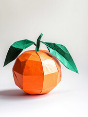 Minimalist Origami Orange Fruit Made from Folded Paper, Isolated on White Background
