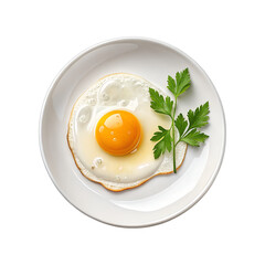 Fried Egg with Parsley on White Plate Top View on Transparent Background