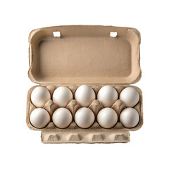 Carton of Ten White Chicken Eggs in Paper Tray on Transparent Background