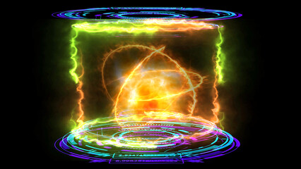 Nuclear Fusion reactor engine simulation electron orbit and explosive to release full power in digital magnetic field laboratory on the black isolated