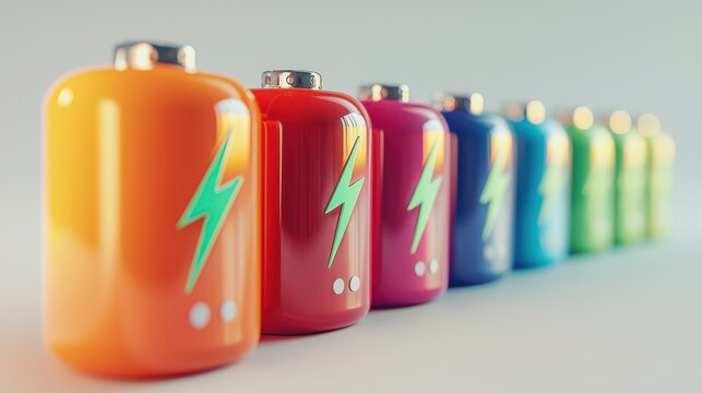 Colorful batteries in a row with lightning bolt symbols, vibrant energy concept, modern technology, renewable power, National Battery Day, innovation and sustainability