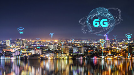 Smart City 6G wifi global and digital ring and city reflection lights on the water background