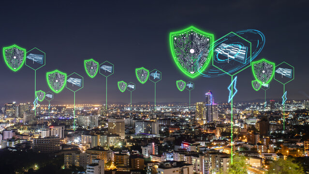 Smart city solar cell security futuristic digital shield show check point enegry technology