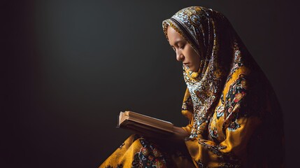A woman wearing a hijab reading a book in a dimly lit room with a dark background in a studio shot