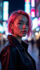 Obraz premium A stunning woman with pink hair and a leather jacket is featured in a neon-lit street scene. She exudes confidence and allure