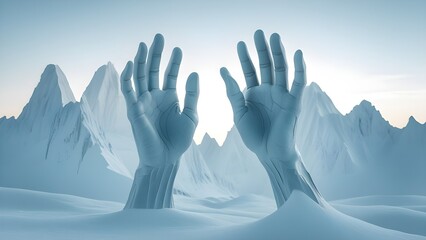 Fototapeta premium Reaching Hands in a Snowy Mountain Landscape with Calm Sky