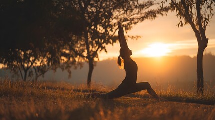 A woman is doing yoga in a field at sunset with trees in the background in a peaceful environment