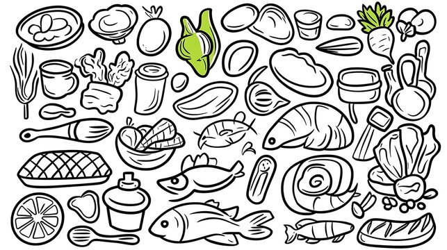 Hand-drawn doodle illustrations of various food items