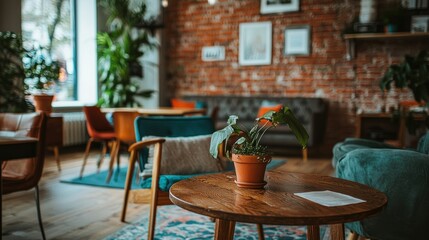 Obraz premium Cozy cafe interior with plants and furniture