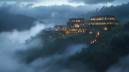 Building on Hill in Foggy Landscape