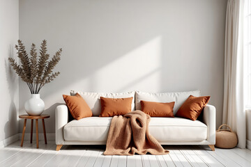 Modern Scandinavian Living Room Interior with Beige Sofa and Earth Tone Decor