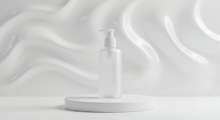 Dispenser Bottle on White Pedestal with Abstract Background