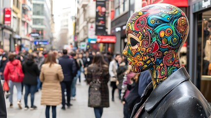 Obraz premium A colorful mannequin stands on a busy city street, surrounded by pedestrians