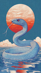 A tactile exploration of analog risograph printmaking showcasing a vibrant trichromatic snake motif on textured paper, blending nostalgic print techniques with modern graphic sensibilities.