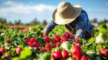 Strawberry Harvest: A Rustic, Sunlit Scene of Farmer Gathering Ripe Berries