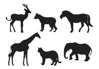 Fototapeta premium This vector illustration shows a black silhouette collection of various wild and farm animals like deer, horse, dog, elephant, bear, tiger, wolf, cow, cat, and giraffe, representing wildlife and natur