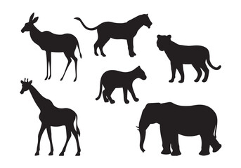 A black vector silhouette collection features wild and farm animals such as horse, dog, cat, elephant, tiger, deer, cow, giraffe, bear, and sheep illustrations, representing nature and wildlife