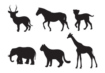 This vector illustration features a black silhouette set of various wild and farm animals, including a horse, dog, elephant, deer, cat, tiger, giraffe, and cow, representing a diverse collection of ma