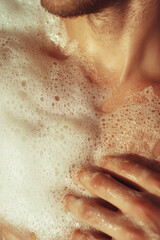 Fototapeta premium Retro 1970s Male Chest with Soap Lather – Vintage Aesthetic Bath Scene in Warm Tones