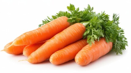 A bunch of fresh carrots with leaves isolated on a pure white background, realistic lighting and shadow, ideal for cut-out and compositing